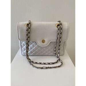 Vintage 80s Ganson White Leather Quilted Handbag Purse